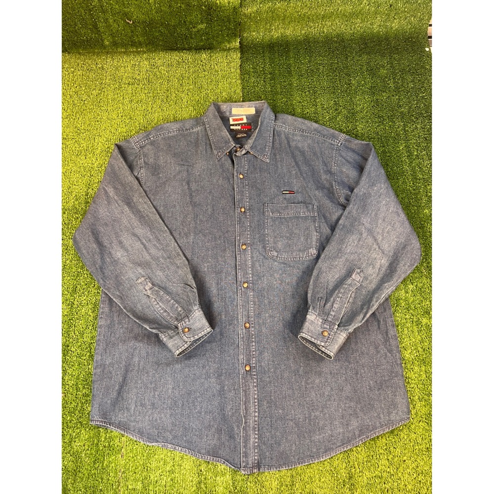Tommy Hilfiger Mens XL Blue Denim Long Sleeve Button Down Shirt Flag Logo Vtg